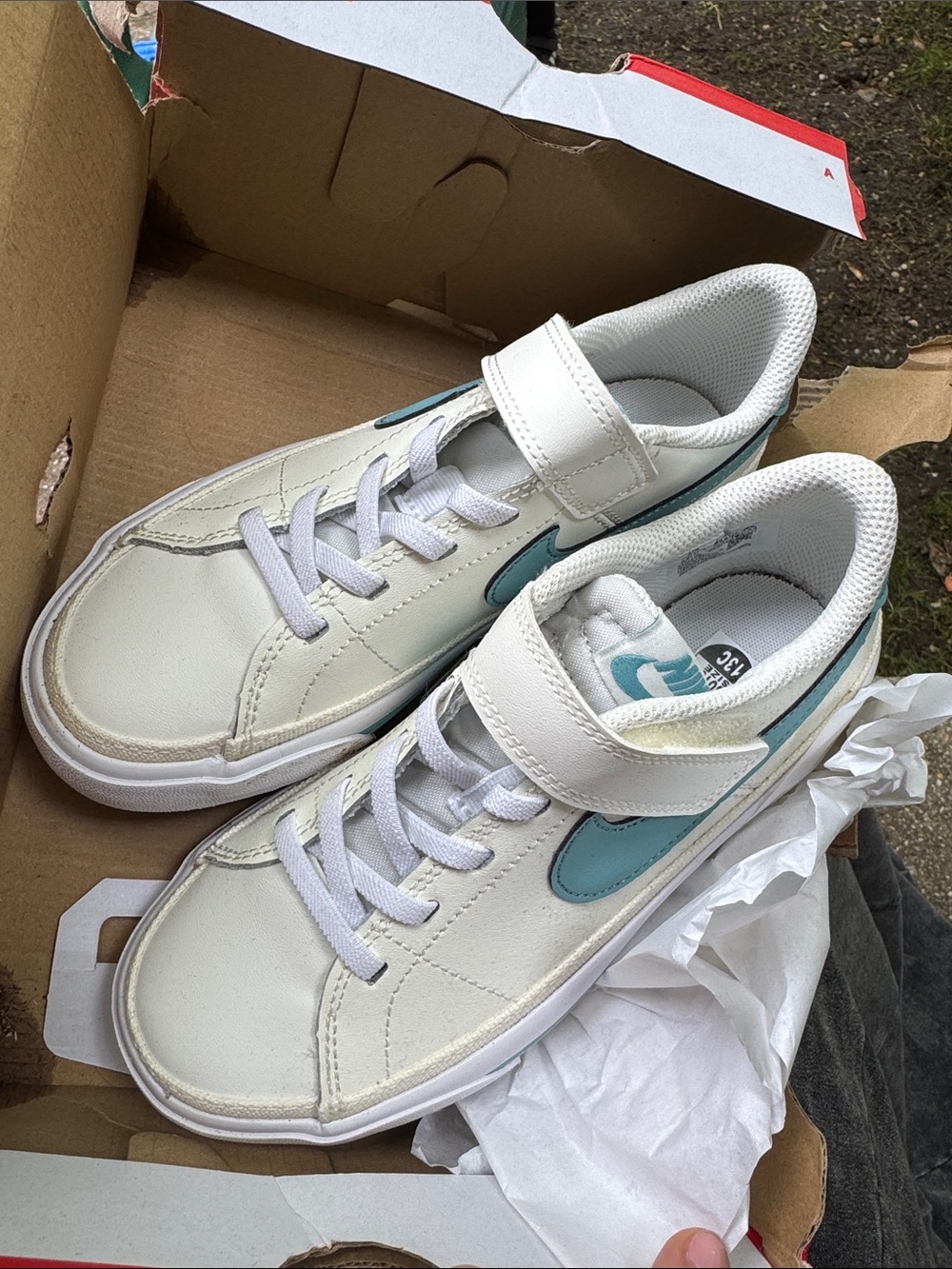 Nike Kids White Sneakers with Teal Swoosh and Hook-and-Loop Strap